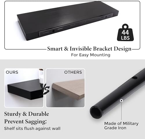Axeman Floating Shelves, 2 Pack 8 Inch Deep Modern Solid Wood Wall Shelves for Storage, Wall Mounted Display Shelving with Invisible Heavy-Duty Metal Bracket, 24" W x 8" D x 1.6" H, Distressed Black