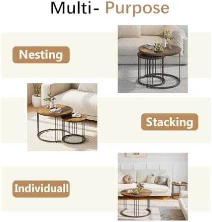 Garden 4 you Nesting Coffee Table, 23.6" Round Coffee Table Set of 2, Wooden Nesting Table with Metal Frame, Ceter Tables for Living Room Bedroom Balcony, Rustic Brown