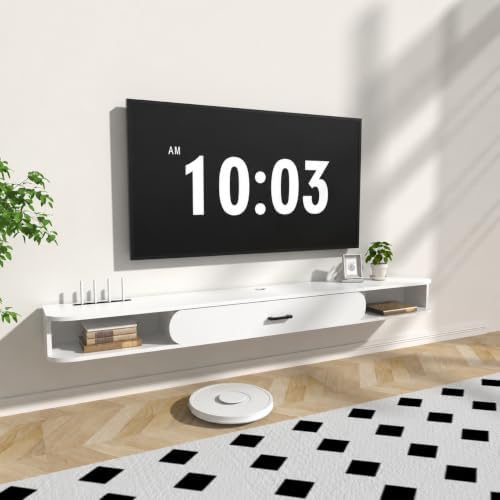 GHC Floating TV Stand, 75'' Wall Mounted TV Cabinet, Floating Shelves with Door, Media Console for DVD Player, Space-Saving Under TV Shelf for Bedroom & Living Room (White)