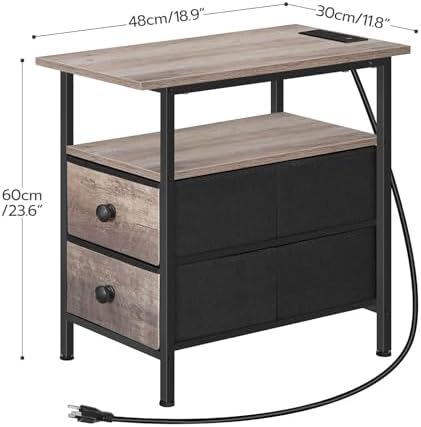 HOOBRO End Table with Charging Station, Narrow Side Table, Nightstand with 2 Non-Woven Drawers, Slim Sofa Side Table, for Small Spaces, Living Room, Bedroom, Greige and Black BG486UBZ01