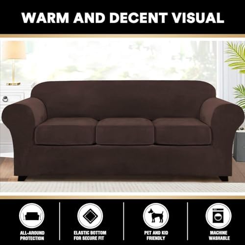 PrinceDeco Velvet Couch Covers for Sofa Soft 4 Pieces Couch Covers for 3 Cushion Couch Sofa Pet Friendly Furniture Protector with Non Slip Elastic Bottom Width Up to 97 Inch (Large Sofas, Brown)