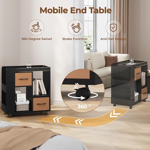 Yaheetech Narrow End Table Storage Drawer Rolling Shelves, Black