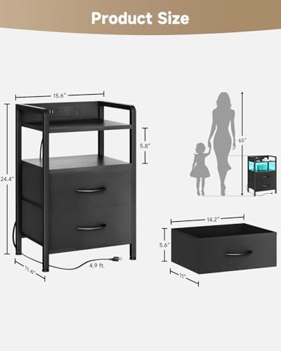 Lazzanto Nightstand with Rear Charging Station, LED Light, 2 Drawers, Black