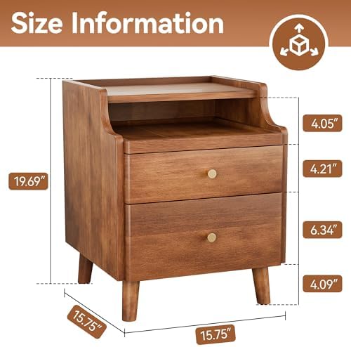 Nightstand with Drawers, Pre-Assembled, 19.7" H Natural Solid Wood Night Stand with Open Sliding Shelf, Mid Century Modern Small Bedside Table Cabinet for Bedroom, Walnut, 16"