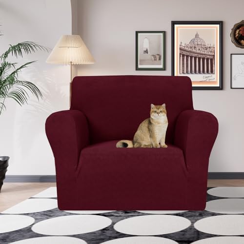JIVINER Stretch Armchair Slipcovers, 1 Piece Chair Sofa Covers 1 Seater Couch Covers with Elastic Bottom for Kids, Pets (Small, Wine Red Rhomb)