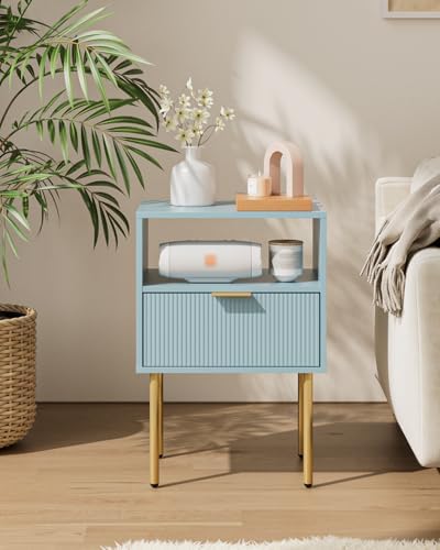 Aienvey Nightstand with One Drawer, Blue Stripe Night Stand and Gold Frame