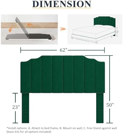 Befurtori Queen Size Headboard Only, Velvet Wall Mounted Headboard Queen/Full Size for Adjustable Bed, Modern Vertical Channel Design with Curved Tufted Upholstered Head Board, Jade Green