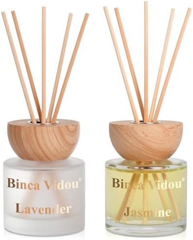 Reed Diffuser Set, Binca Vidou Lavender & Jasmine Natural Scent Oil Diffusers with Sticks for Home Office Bathroom Aromatherapy Decor 3.38oz x 2