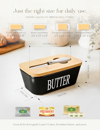 Ceramic Butter Dish with Lid and Knife & Silicone Seal for Countertop Black