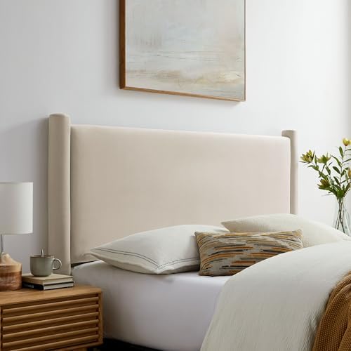 Modway Rael King Upholstered Headboard with Pillars in Alabaster – Velvet Headboard – Stain-Resistant Performance Velvet Headboard for King Size Beds