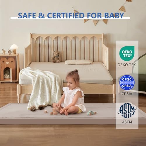 2" Thick Play Mat for Babies Toddlers,Extra Safety Anti-Fall Cushion Mat, Non-Slip Water-Repellent Coral Velvet,28"x72" Bedside Rug for Kids Room (Beige)