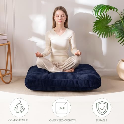HIGOGOGO 35" Floor Pillow Cushion for Adults, Meditation Cushion Pillow, Extra Large Square Floor Sitting, Tufted Corduroy Cover for Tatami Living Room or Yoga, Navy