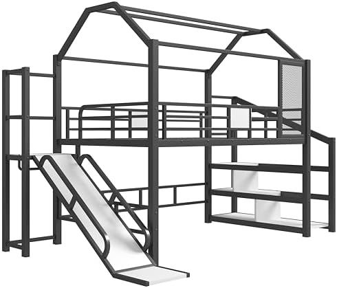 Bellemave Full Size Metal House Loft Bed with Slide and Stairs,Playhouse Heavy Duty Loft Bed Frame with Storage Shelves for Kids,Teens,Adults,Black