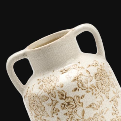 Vintage Flower Vase with Handles, Ceramic Utensil Holder, Decorative Vase Chinoiserie Decor Rustic Farmhouse Retro Floral Vases for Table Bookshelf Mantel Kitchen Living Room - 6.7” Brown 017