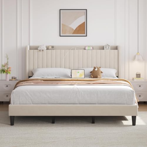 Yaheetech King Bed Frame with Channel-Tufted Storage Headboard, Beige