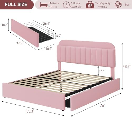 IDEALHOUSE Full Bed Frame with 2 Flexible Drawers and Bookcase Headboard, Boucle Upholstered Platform Bed for Girls, Noise-Free, Easy Assembly, No Box Spring Needed, Pink