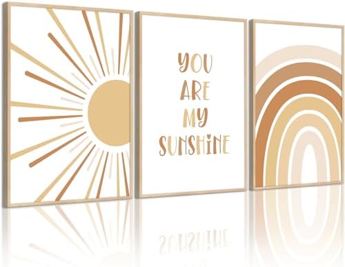 Baccone Boho Nursery Wall Art Baby Girl Wall Decor Kids Rainbow Canvas Wall Art You Are My Sunshine Pictures Toddler Sun Prints Nursery Artwork for Room Bedroom Set of 3 16x24 Inch Unframed