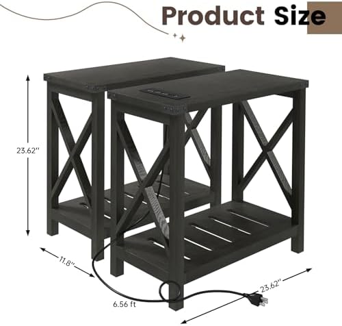 Hadulcet Farmhouse End Tables Living Room Set of 2 - Narrow Side Table with Charging Station, Slim Nightstand for Small Space, Skinny Bedside Table, Sofa Side Table with Storage Shelf, Black