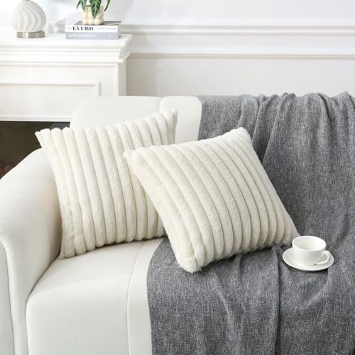 Decorative Throw Pillow with Inserts, Set of 2 Soft Faux Fur Throw Pillows, Boho Striped Pillow for Couch, Bed, Sofa Decor (Beige, 22" x 22"(Pack of 2))