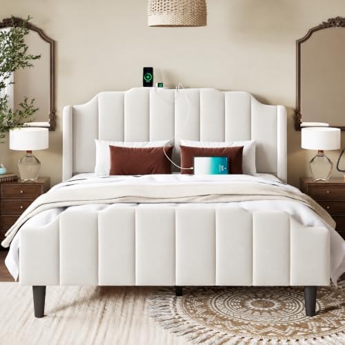 Allewie Vintage Queen Size Velvet Platform Bed Frame, White