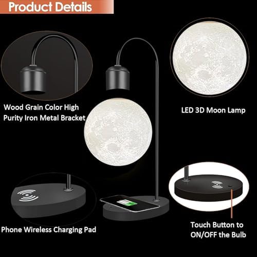 Magnetic Levitating Moon Lamp Levitation Plastic Black Table LED Night Light Zero-Gravity Floating Desk Toys for Decoration Gifts Present with Phone Wireless Charging Pad (3 Colors)