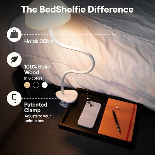 Smallish BedShelfie 2-Pack: Shroommate & Flexfit - Clip On Light and Bedside Shelf for Bunk Bed & Top Bunk, College Dorm Room Essentials, Nightstand, Floating Bed Side Table, LED Lights for Bedroom
