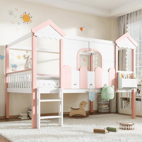 Full Over Full Size House-Shaped Wooden Bunk Bed Frame, White