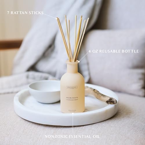 Benevolence LA Reed Diffuser - Champagne & Peony | Luxurious Home & Bathroom Decor | Long-Lasting Scent Diffusers for Home - Malibu Sands Collection