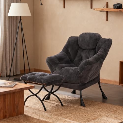 Welnow Lazy Chair with Ottoman, Reading Chair with Footrest, Navy Blue