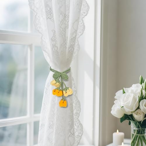 Flower Curtain Tiebacks, 4pcs Lily-of-The-Valley Curtains Holdbacks, Cute Curtain Holdbacks - No Drill Rope Holder, Drape Knitting Handmade for Nursery&Children's Room Decor (Yellow/Orange)