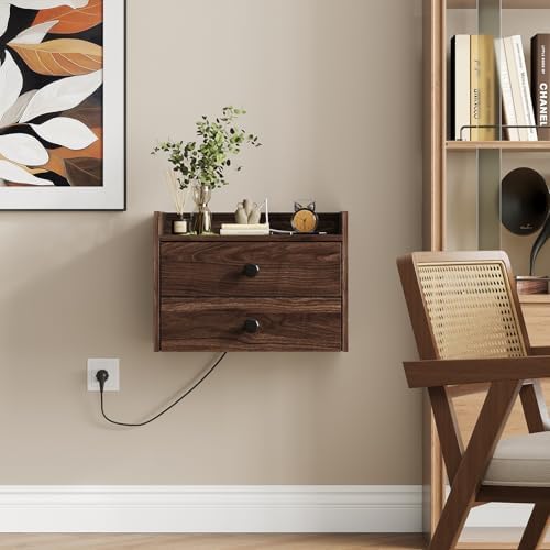 Floating Nightstand Set of 2 with 2 Storage Drawers and Charging Station
