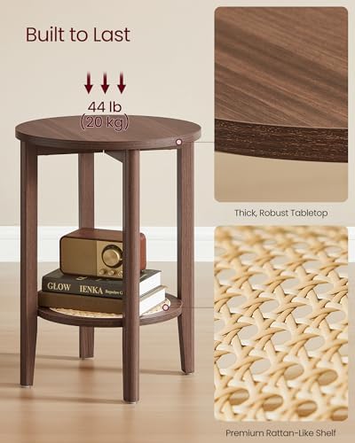 VASAGLE Round Side End Table, 2-Tier Boho Bedside Table with Rattan-Look