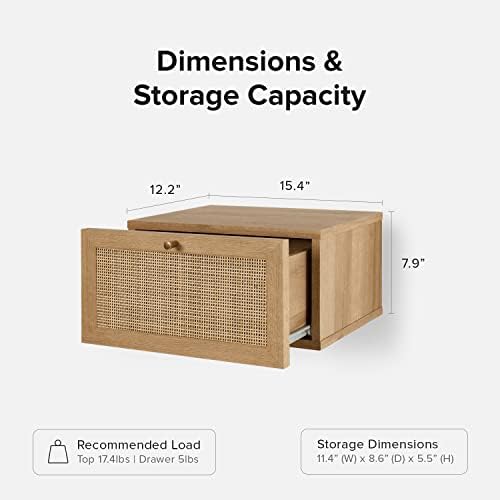 mopio Hannah Floating Nightstand, Natural Rattan Farmhouse Boho Wall Mounted Space Saving Bedside Tables, Nightstands, Drawer with Spacious Storage, for Bedroom, Living (Single)