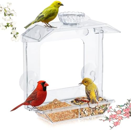 Clear Window Bird Feeder with Strong Suction Cups – Clear Bird Feeding Station with Dual Seed Tray & Water Bowl – Easy to Install and Clean for Outdoor Viewing