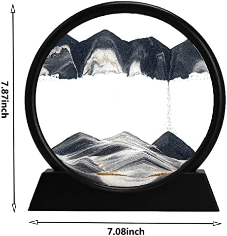 rysnwsu 3D Dynamic Sand Art Liquid Motion, Moving Sand Art Picture Round Glass 3D Deep Sea Sandscape in Motion Display Flowing Sand Painting Relaxing Desk Toys (Black, 7'')