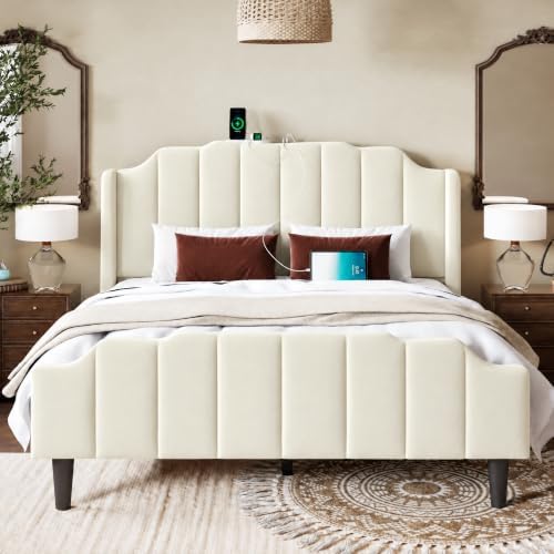Allewie Vintage Full Size Velvet Platform Bed Frame, Cream White