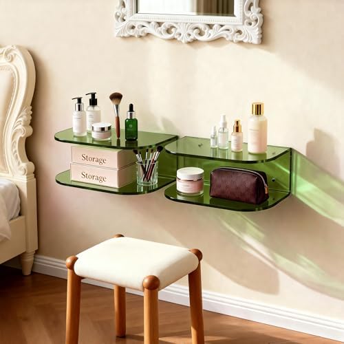 Acrylic Floating Nightstand, Wall Mounted Bedside Table Shelf (Green, 15.7”×9.4“×5.9”)