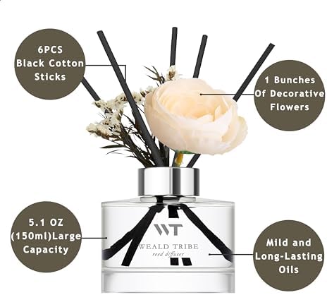 Flower Reed Diffuser Set Sandalwood Rose Scent for Bathroom Accessories Shelf Decor & Air Fresheners, Sticks Defusers with 5.1 fl oz Essential Oils & Leaves, House Bedroom Office Decor & Gifts