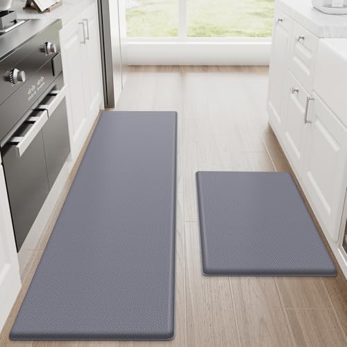 StepRite Kitchen Mats for Floor, 2-Piece Anti-Fatigue Kitchen Rugs, Grey