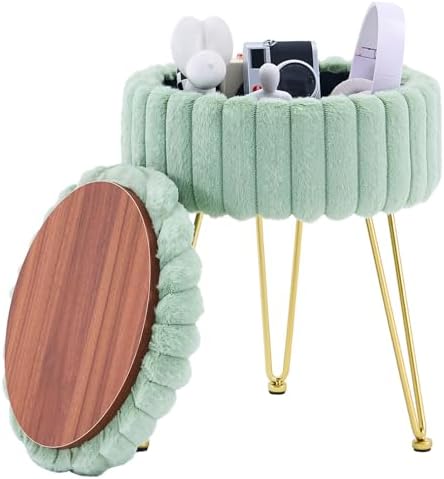 Wimarsbon Vanity Stool with Storage, Faux Fur Ottoman Chair with Metal Legs