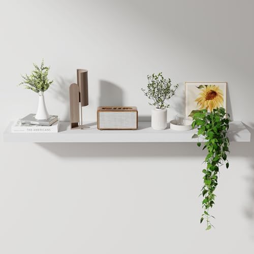 Axeman Floating Shelves, 8 Inch Deep Rustic Solid Wood Wall Shelves for Storage, Wall Mounted Display Shelving with Invisible Heavy-Duty Metal Bracket, 48" W x 8" D x 1.6" H, Distressed White