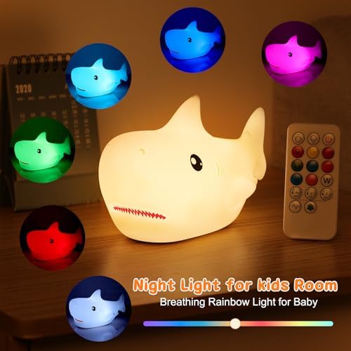 ZKLiLi Remote Shark Night Light, Cute Silicon Night Light, Nightlight with Remote，Portable Recharge Nightlight for Room,Funny Gifts Stuff （Remote Control）