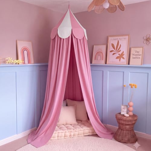 Bed Canopy with Scalloped Edge, 2 Panel Striped, Dusty Pink