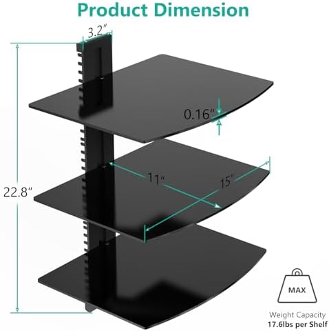 WALI 3 Tier Glass Floating TV Wall Shelf for Projector, DVD Players