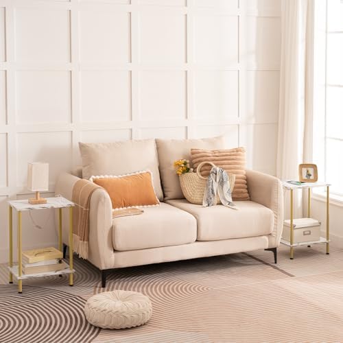 HOOBRO Side Table with Charging Station, End Table with USB Port and Outlet, Nightstand with 2-Layer Storage Shelves for Small Spaces, Living Room, Bedroom, Stable Frame, Gold and Marble DM09UBZ01