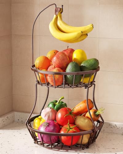 SAYZH 2-Tier Large Fruit Basket Bowl for Kitchen Counter with Banana Hanger