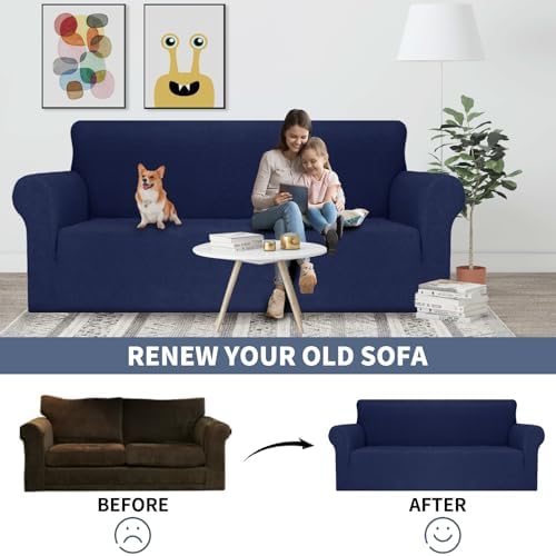 JIVINER Stretch Sofa Covers 1 Piece Couch Covers for 3 Cushion Couch Sofa, 3 Seater Sofa Slipcovers Furniture Protector with Elastic Bottom for Kids, Pets (Navy Blue, Sofa)