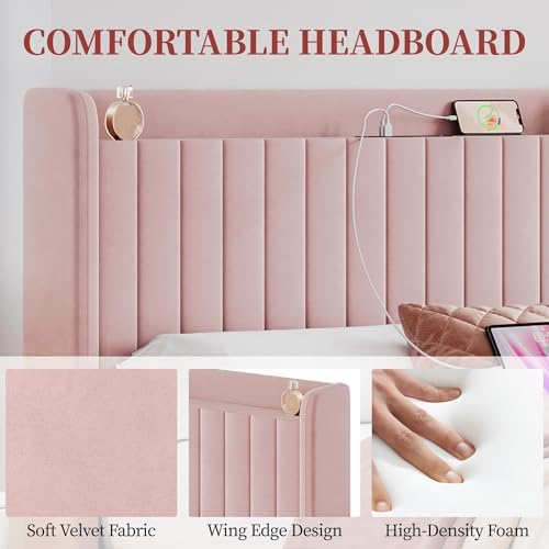 Yaheetech Queen Bed Frame with Channel-Tufted Headboard, USB/AC Ports, Pink