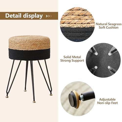 Vanity Stool Wicker Boho Makeup Chair Natural Seagrass Black