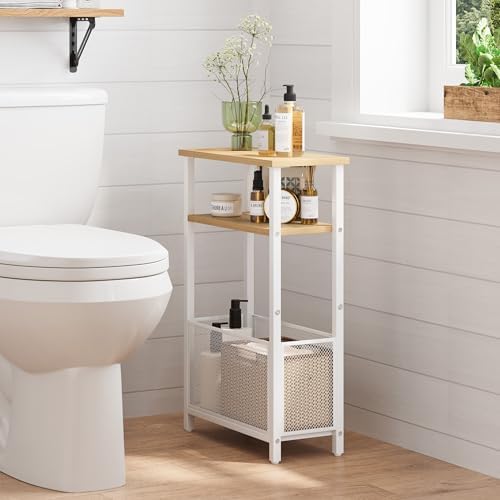 MMEOLUOOK Narrow Side Table with Storage Basket Skinny End Tables for Smalls Spaces 3 Tier Sofa Table Small Nightstand Slim Bedside Table for Living Room Bedroom Natural Wood MLBZ22Y